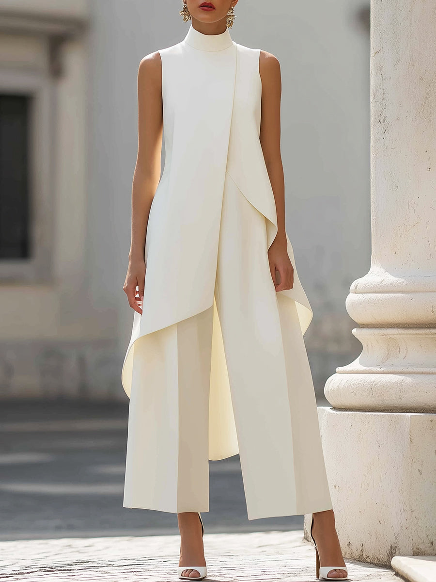 Carolina, tuta lunga con pannello drappeggiato asimmetrico, bianco