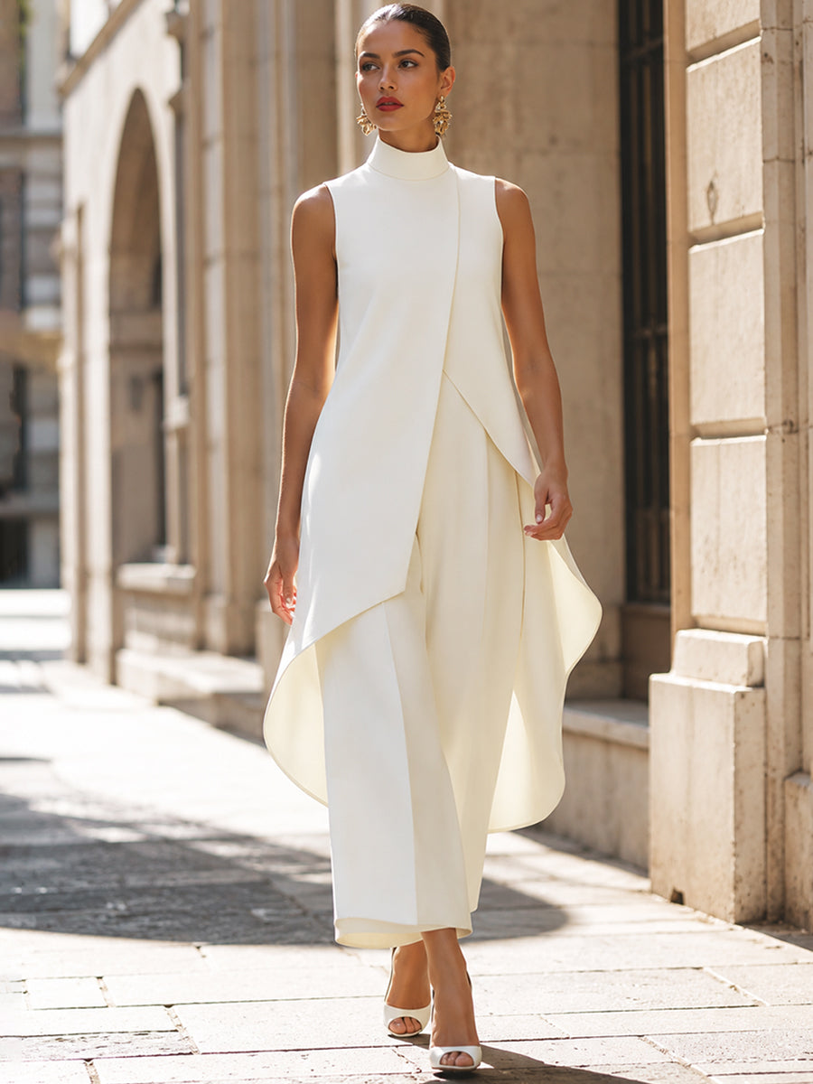 Carolina, tuta lunga con pannello drappeggiato asimmetrico, bianco