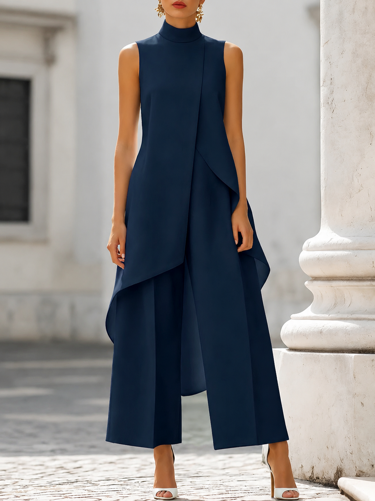 Carolina, tuta lunga con pannello drappeggiato asimmetrico, blu navy