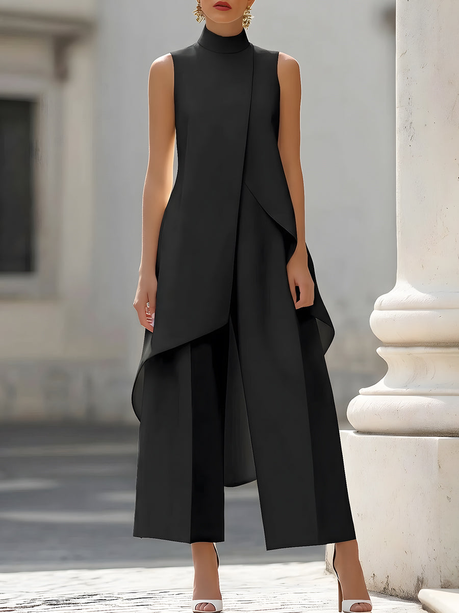 Carolina, tuta lunga con pannello drappeggiato asimmetrico, nero