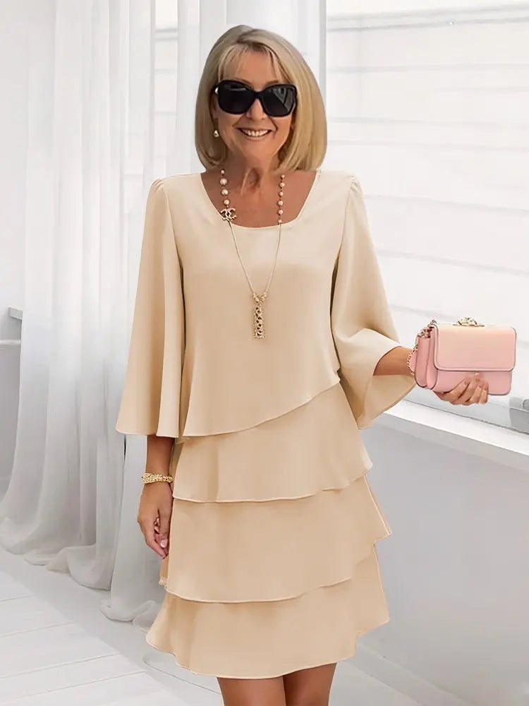 Caterina, vestito corto a balze con maniche a campana, beige