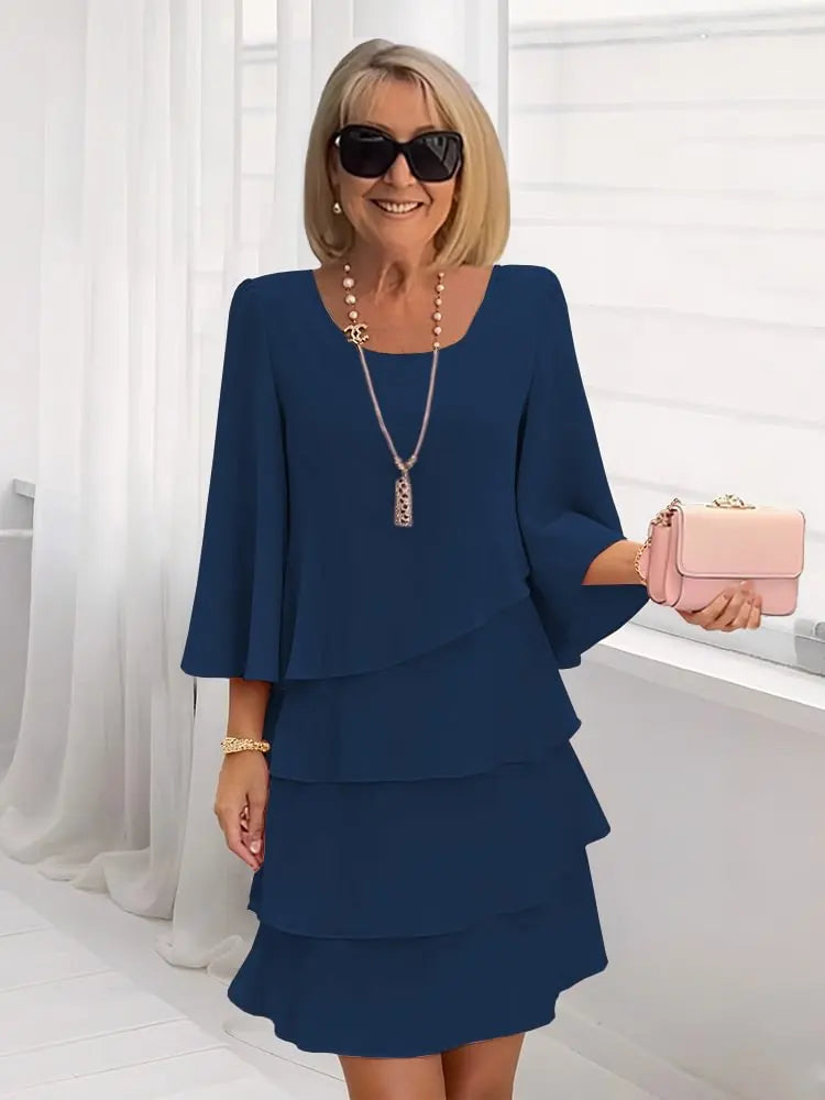 Caterina, vestito corto a balze con maniche a campana, blu navy