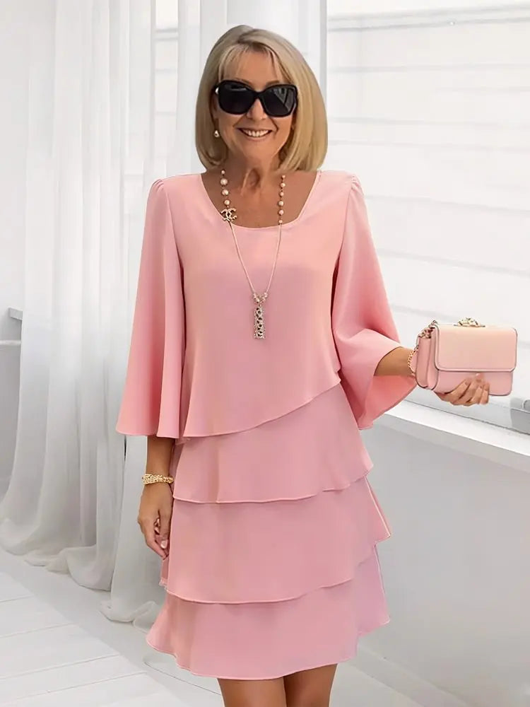 Caterina, vestito corto a balze con maniche a campana, rosa