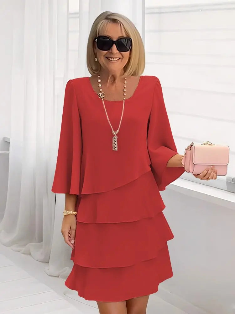 Caterina, vestito corto a balze con maniche a campana, rosso