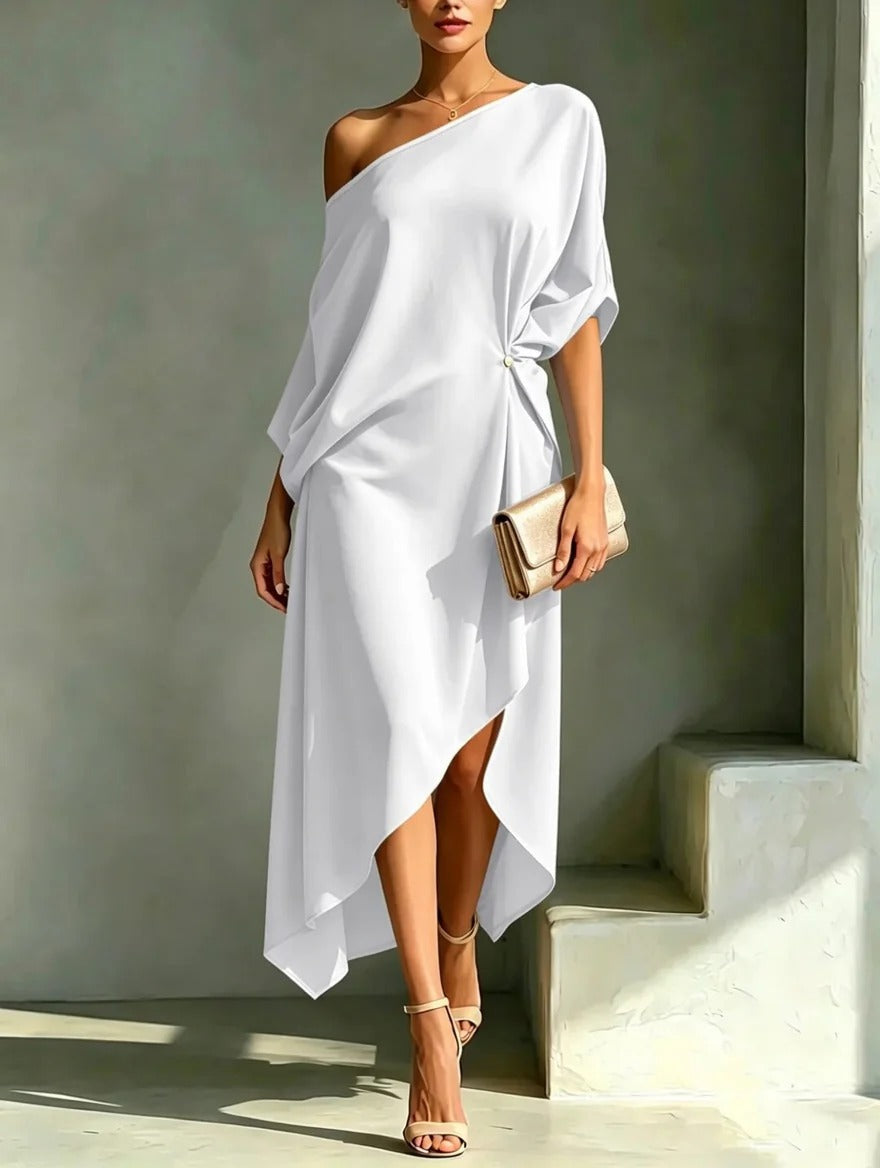 Cristina, vestito monospalla con orlo asimmetrico, bianco