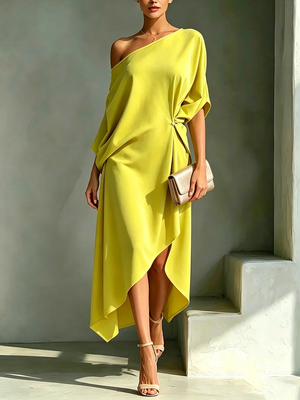 Cristina, vestito monospalla con orlo asimmetrico, giallo lime