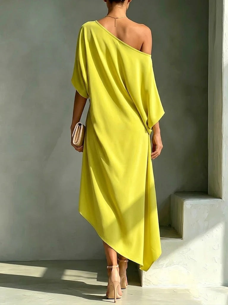 Cristina, vestito monospalla con orlo asimmetrico, giallo lime