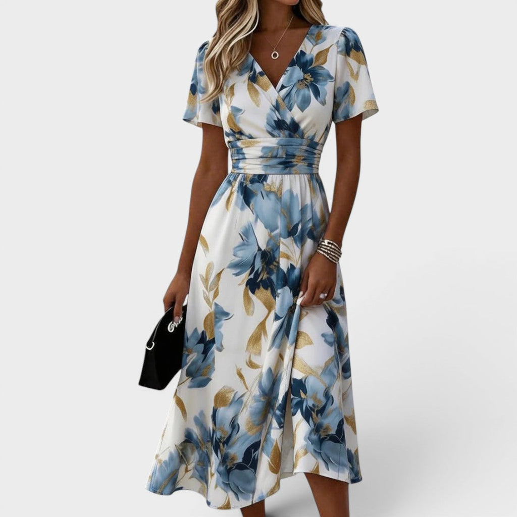 Debora, vestito midi floreale a portafoglio, bianco e blu
