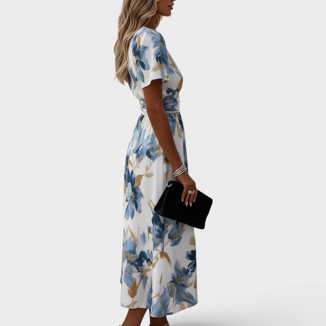 Debora, vestito midi floreale a portafoglio, bianco e blu