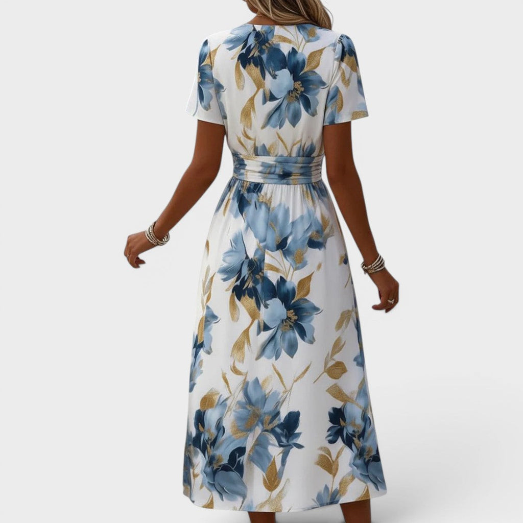 Debora, vestito midi floreale a portafoglio, bianco e blu
