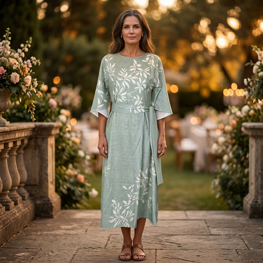 Edda, vestito midi ricamato con maniche a campana, verde salvia