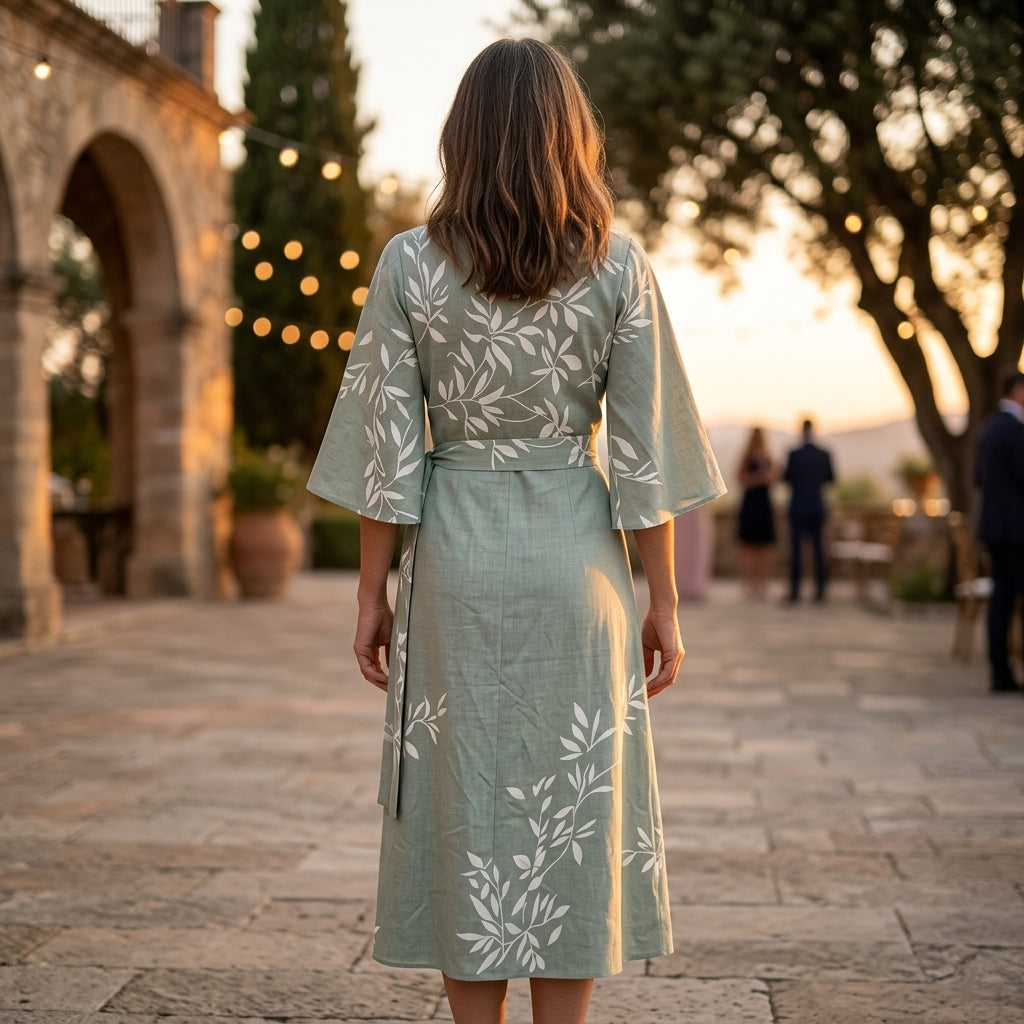 Edda, vestito midi ricamato con maniche a campana, verde salvia