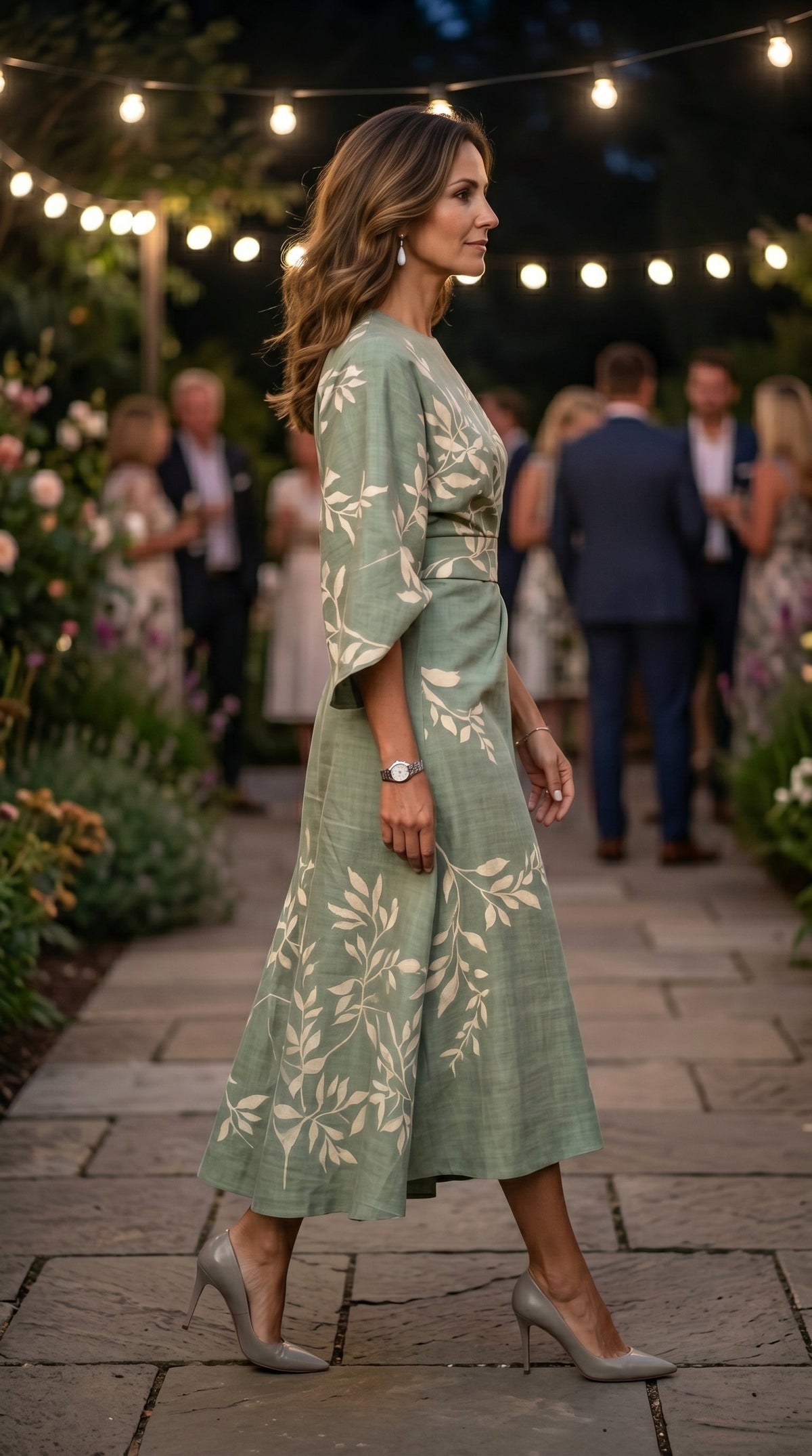 Edda, vestito midi ricamato con maniche a campana, verde salvia