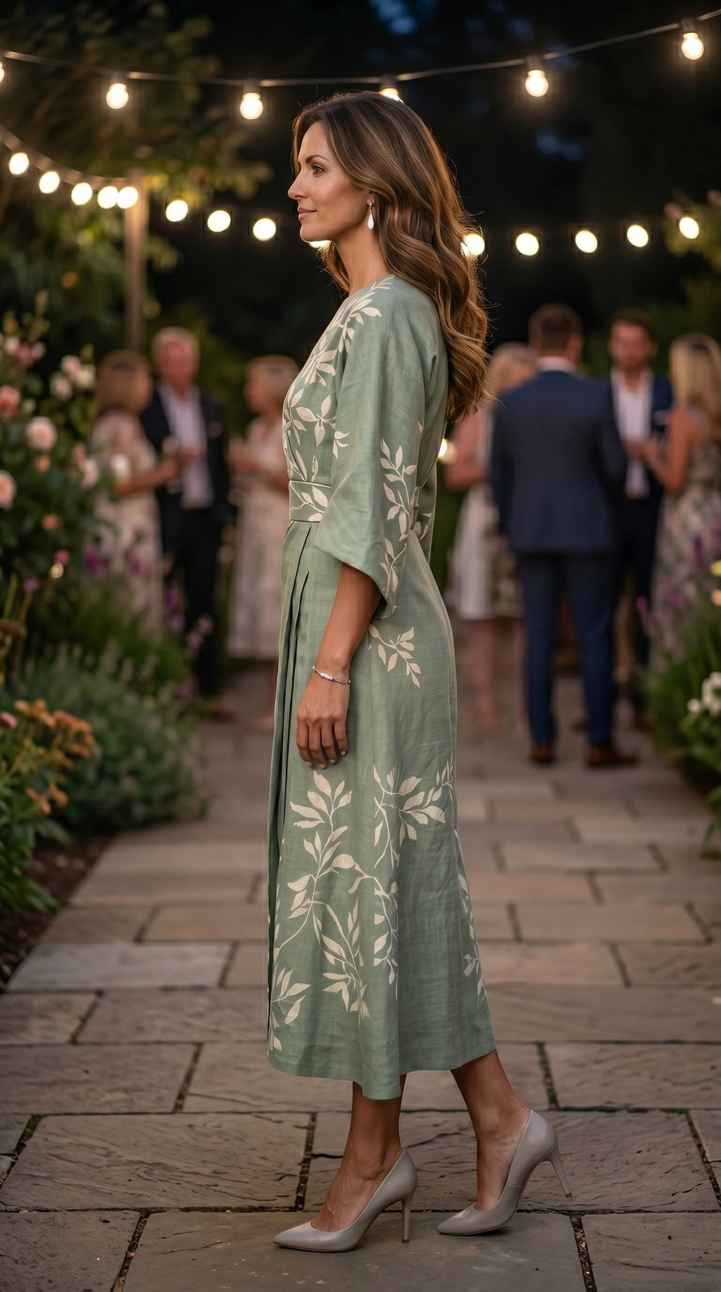 Edda, vestito midi ricamato con maniche a campana, verde salvia