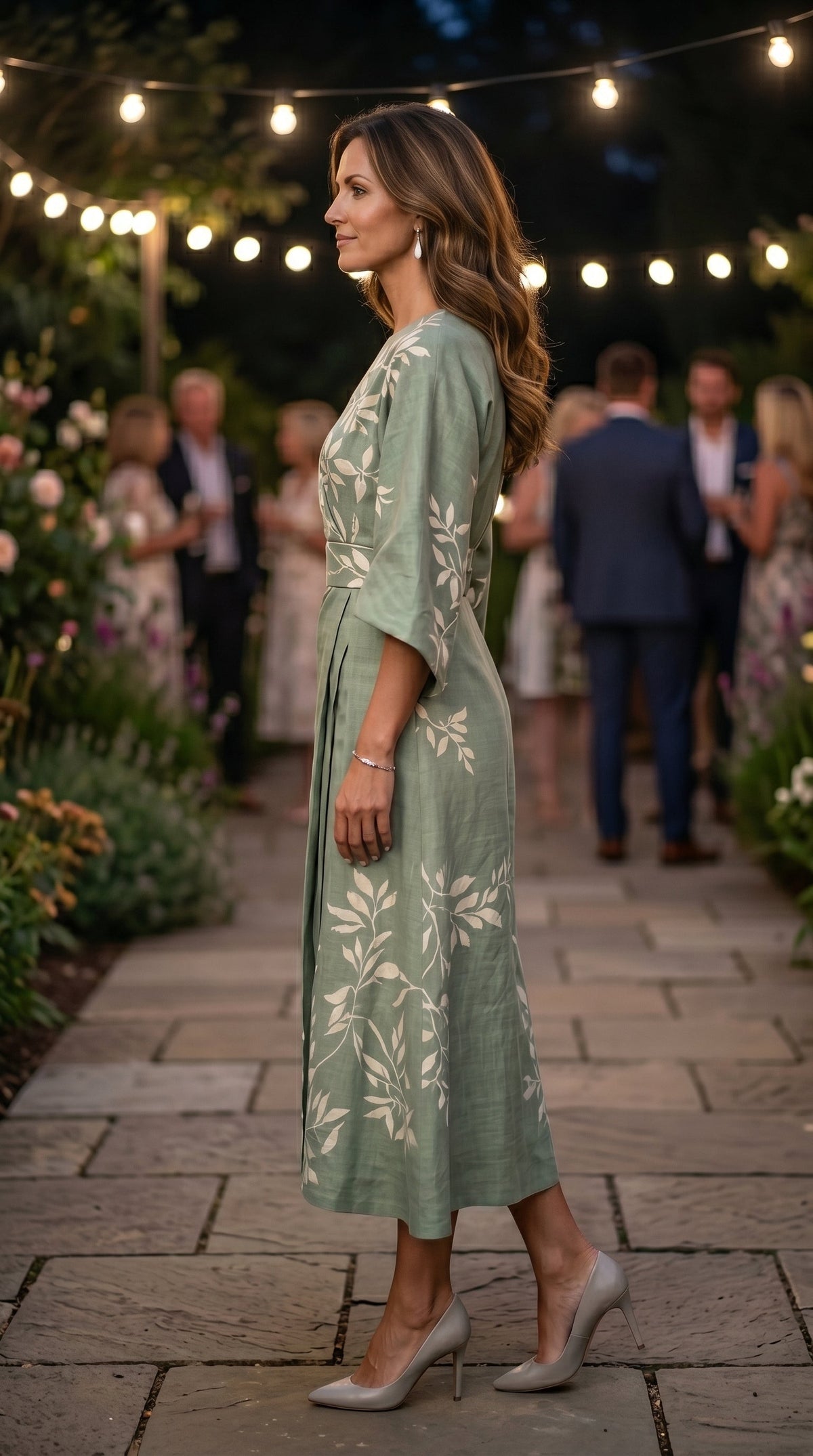 Edda, vestito midi ricamato con maniche a campana, verde salvia