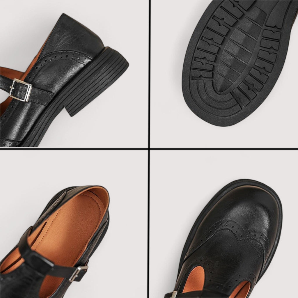 Elisa | Mary Jane stile brogue con cinturino a T - Nero