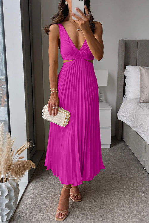Emma, vestito lungo plissettato con scollo a V, fucsia