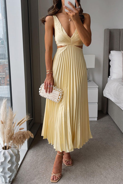 Emma, vestito lungo plissettato con scollo a V, giallo chiaro