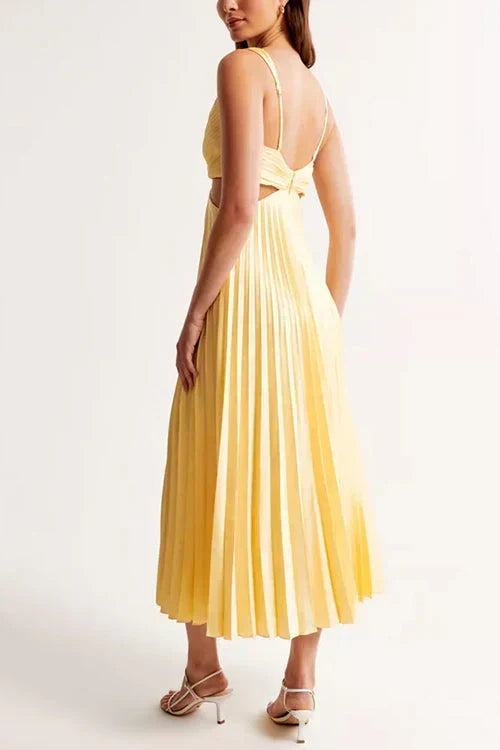 Emma, vestito lungo plissettato con scollo a V, giallo chiaro
