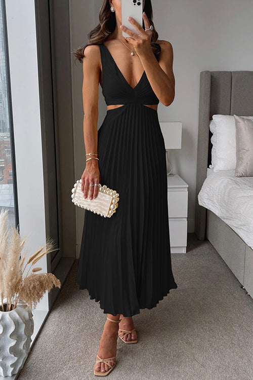 Emma, vestito lungo plissettato con scollo a V, nero