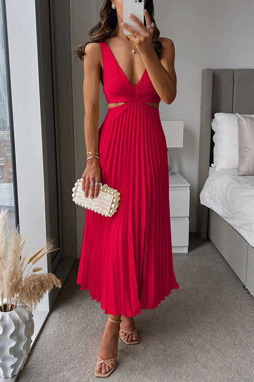 Emma, vestito lungo plissettato con scollo a V, rosso