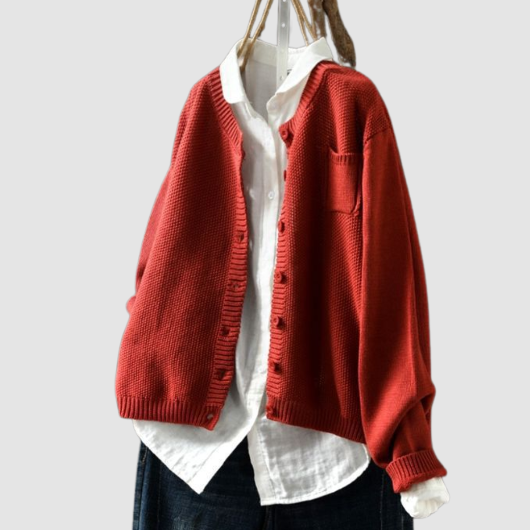 Fulvia, cardigan girocollo con taschino, rosso mattone