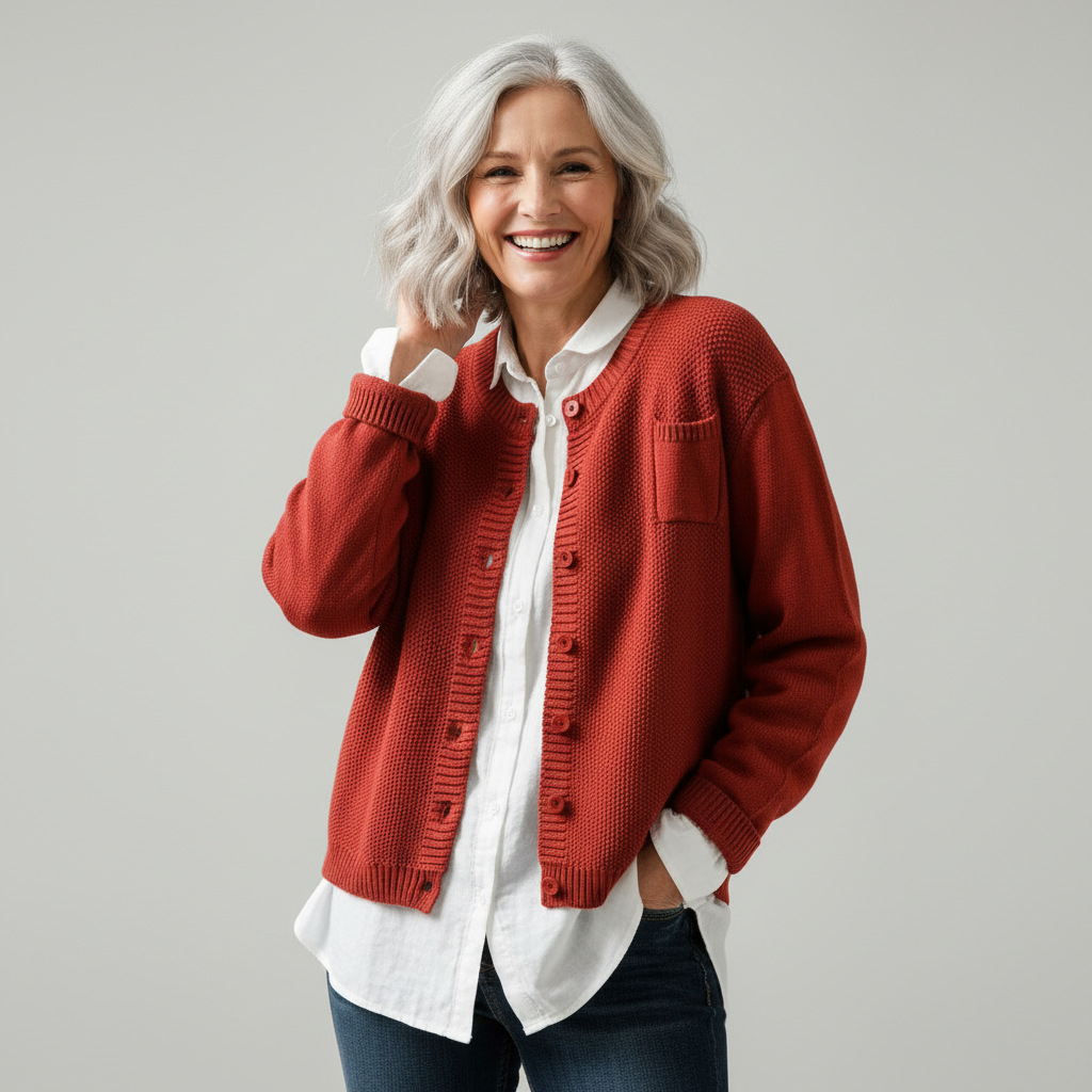 Fulvia, cardigan girocollo con taschino, rosso mattone