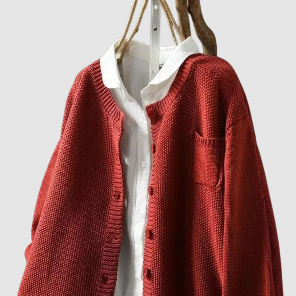 Fulvia, cardigan girocollo con taschino, rosso mattone