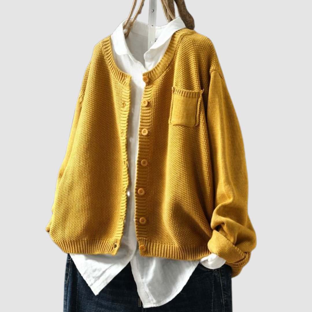 Fulvia, cardigan girocollo con taschino, senape