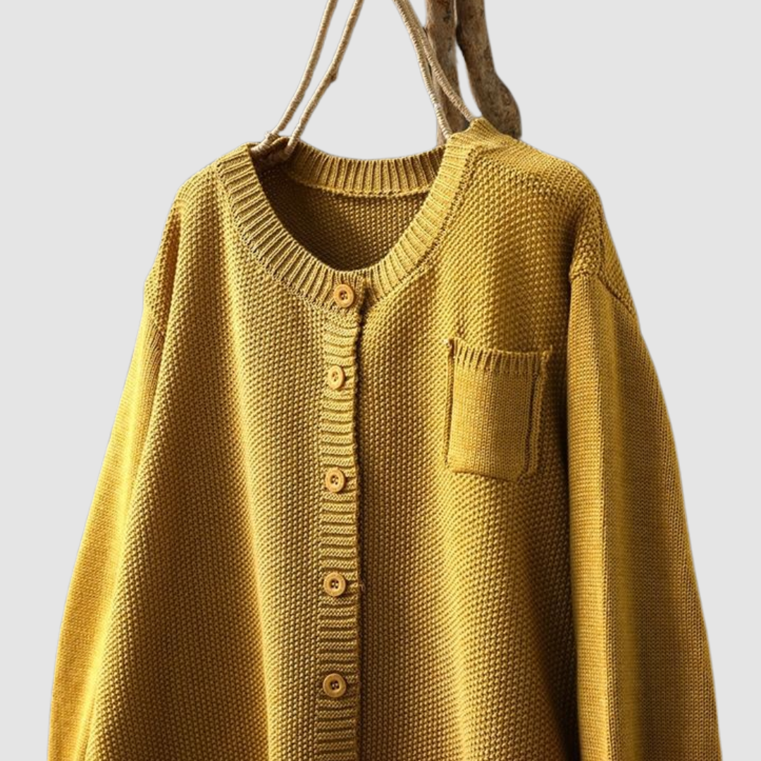 Fulvia, cardigan girocollo con taschino, senape