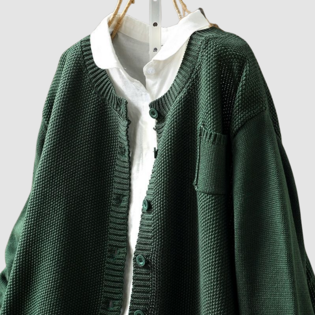 Fulvia, cardigan girocollo con taschino, verde scuro