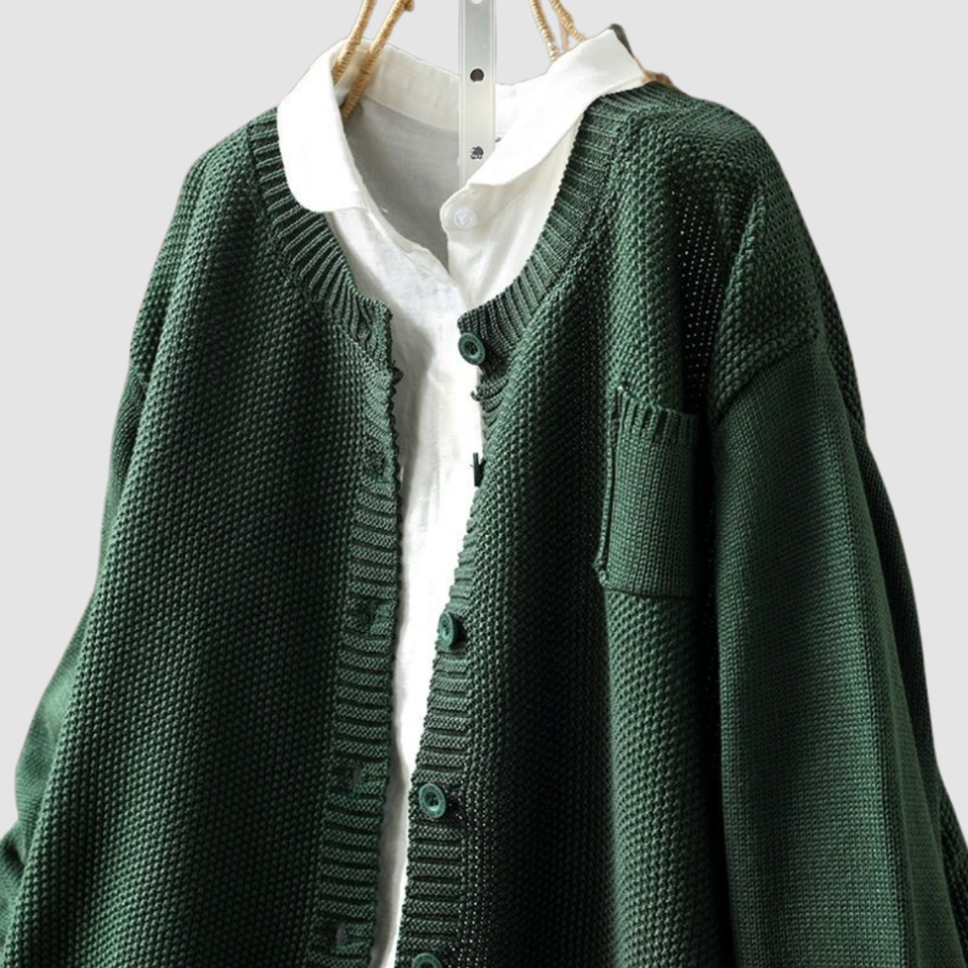 Fulvia, cardigan girocollo con taschino, verde scuro