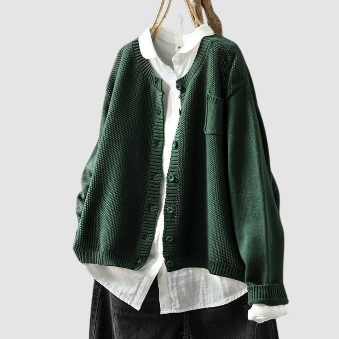 Fulvia, cardigan girocollo con taschino, verde scuro