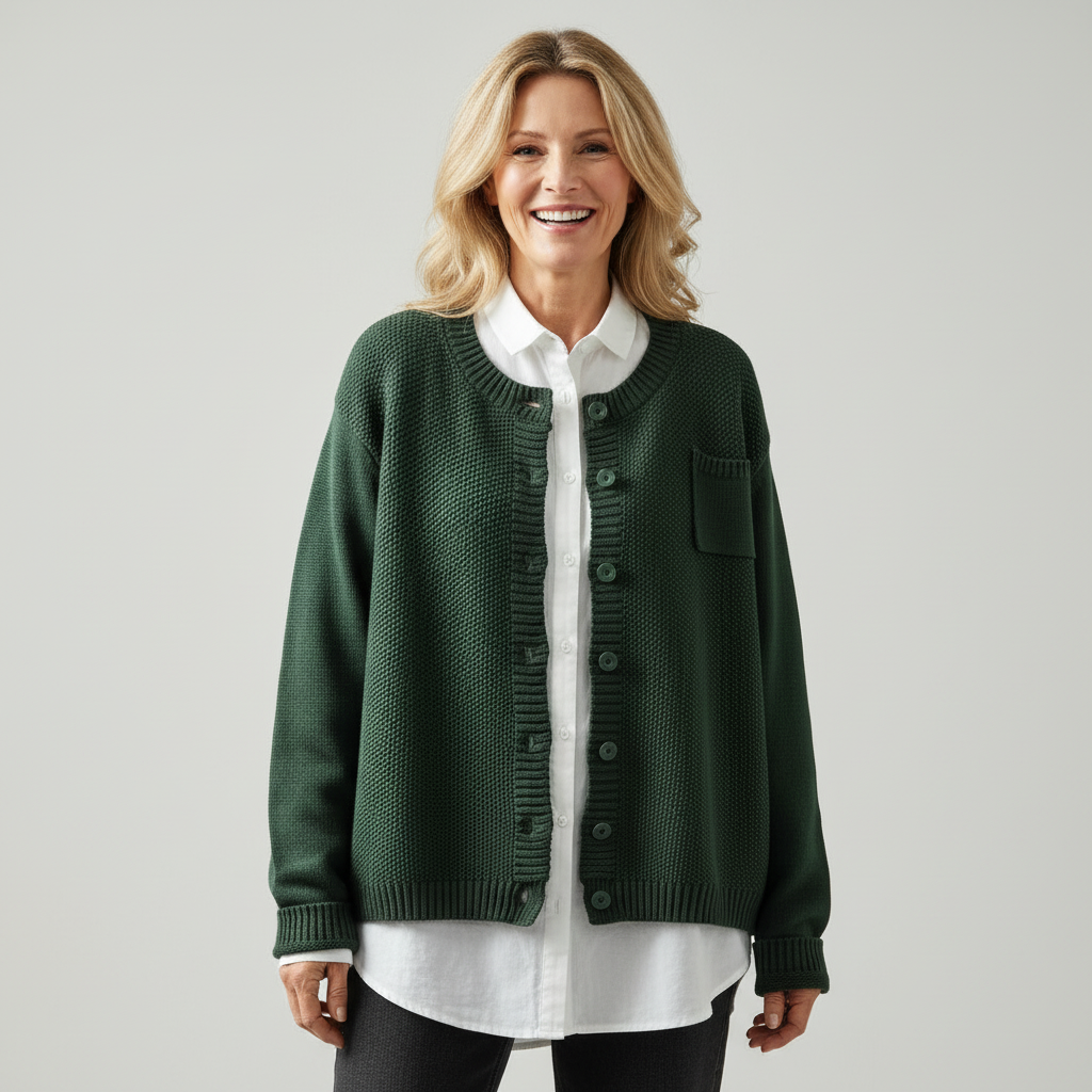 Fulvia, cardigan girocollo con taschino, verde scuro