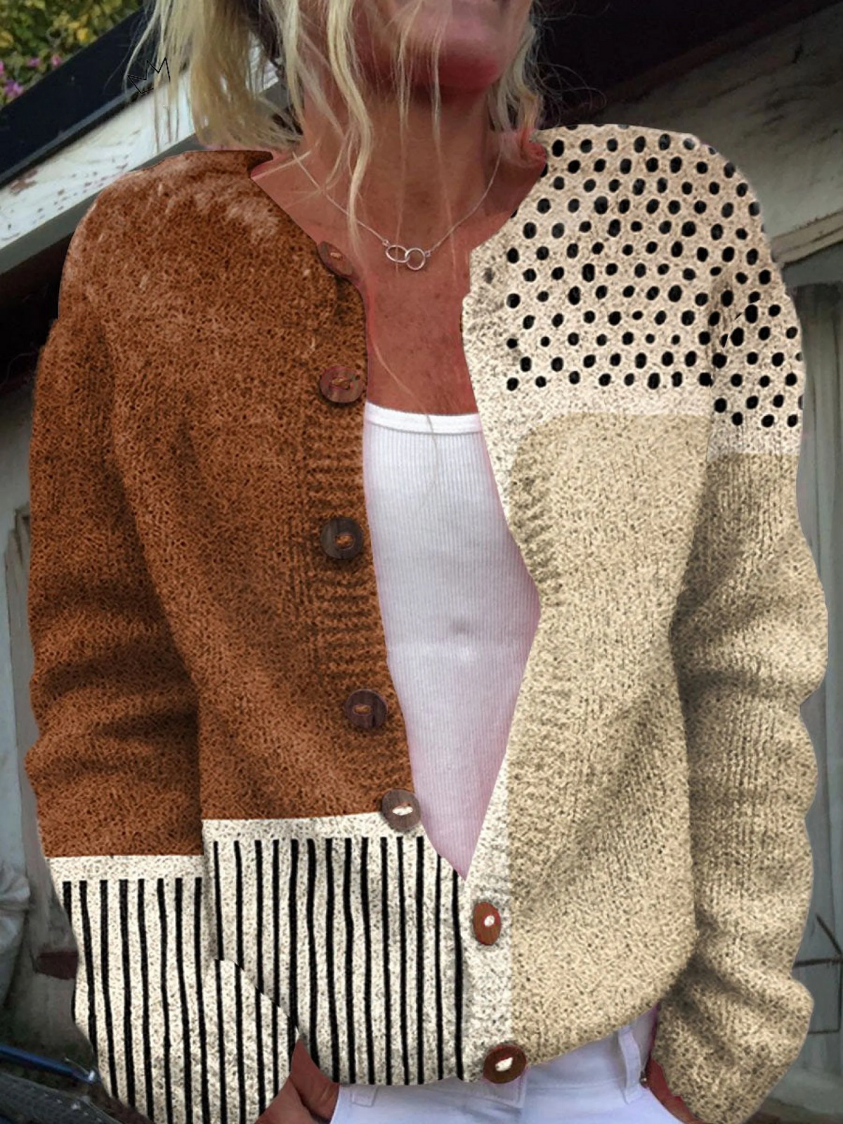 Gabriella, cardigan patchwork a pois e righe