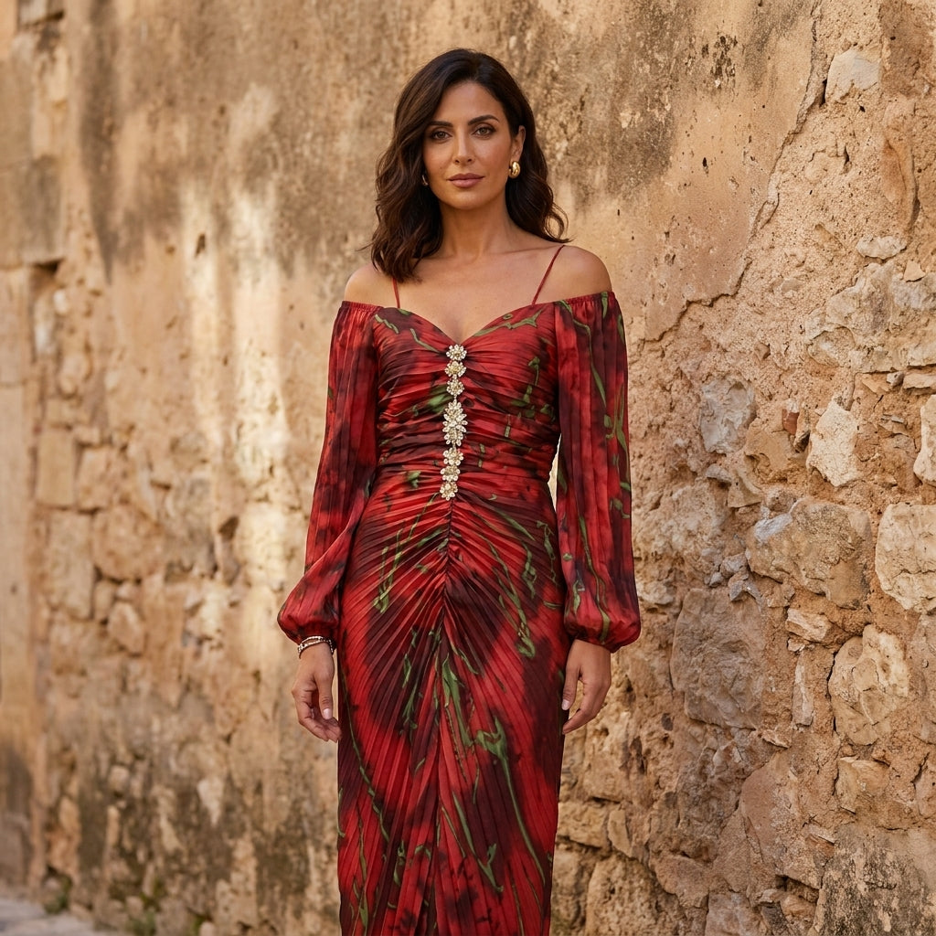Gregoria, vestito lungo stampato con spalle scoperte, stampa rossa