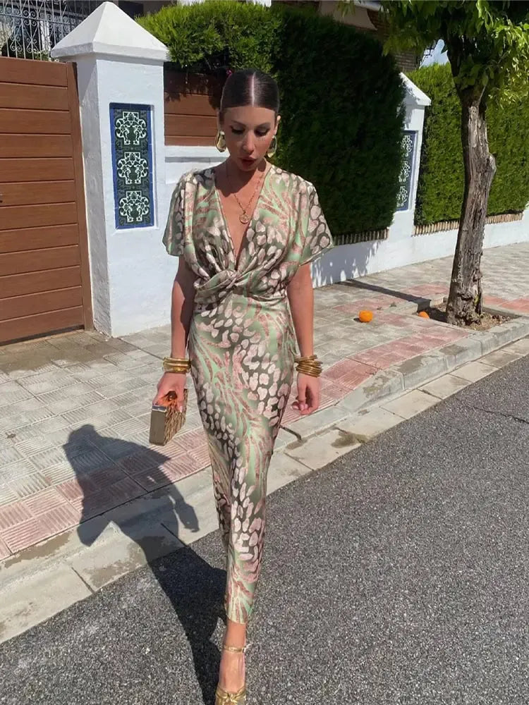 Ilenia, vestito midi stampato effetto raso con scollo a V