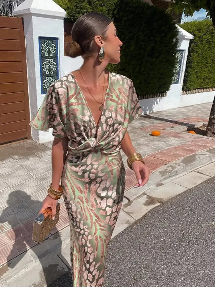 Ilenia, vestito midi stampato effetto raso con scollo a V