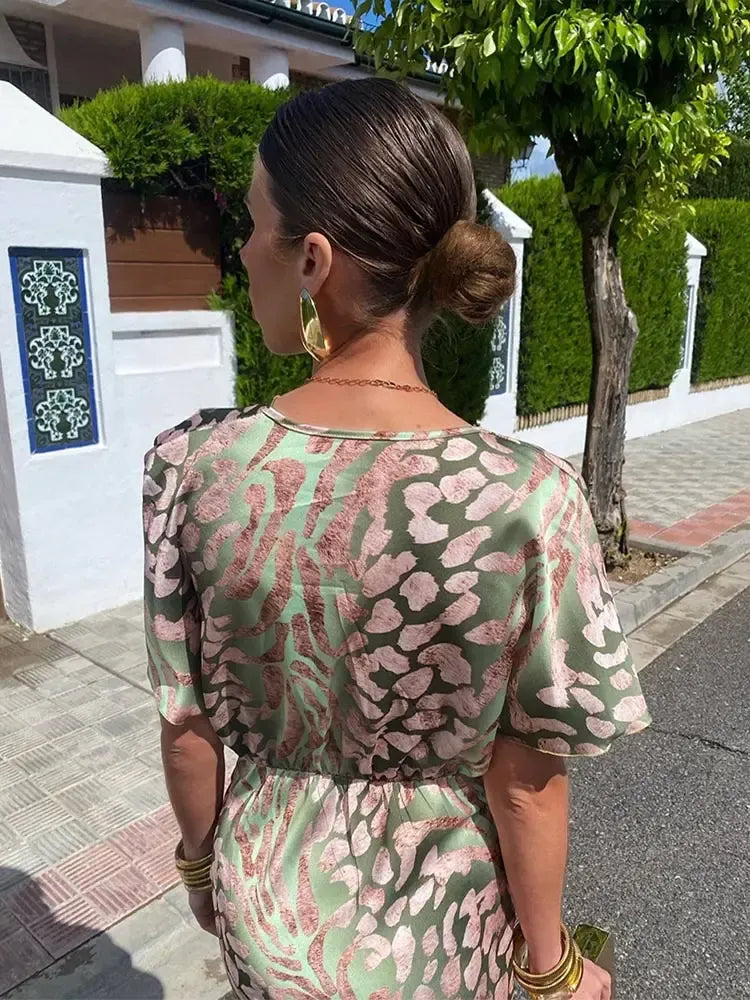 Ilenia, vestito midi stampato effetto raso con scollo a V