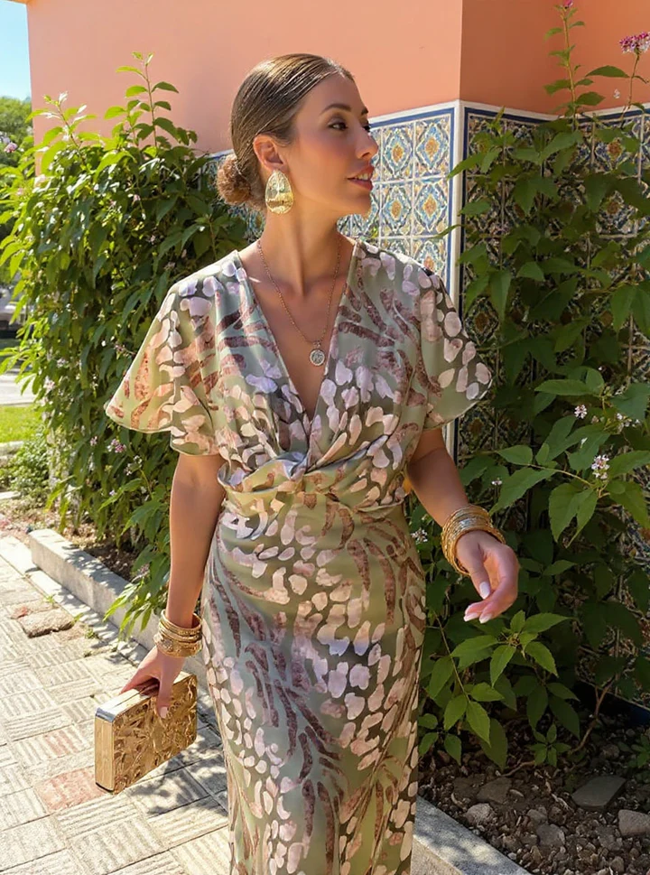 Ilenia, vestito midi stampato effetto raso con scollo a V