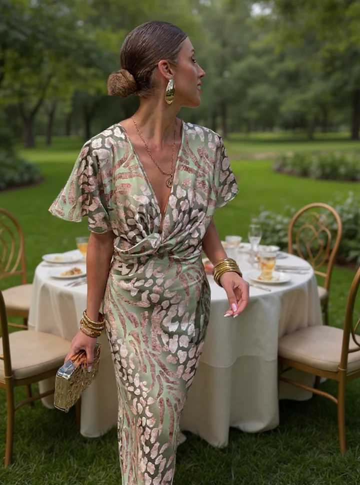 Ilenia, vestito midi stampato effetto raso con scollo a V