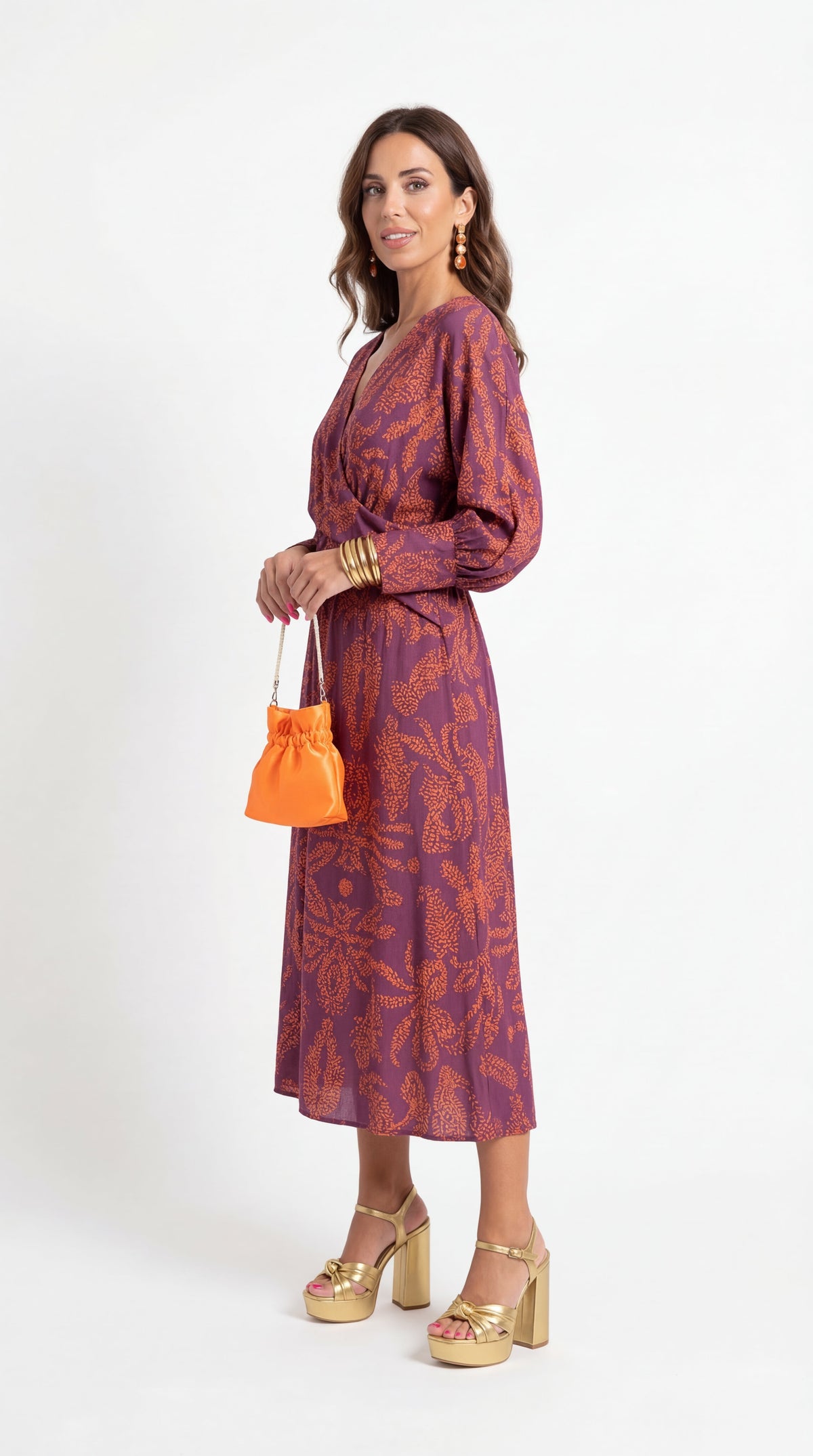 Isadora, vestito midi stampato con scollo a V, cachemire lilla