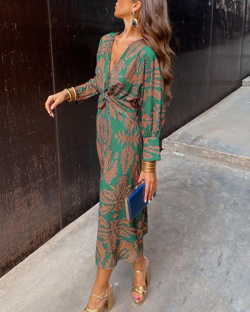 Isadora, vestito midi stampato con scollo a V, cachemire verde