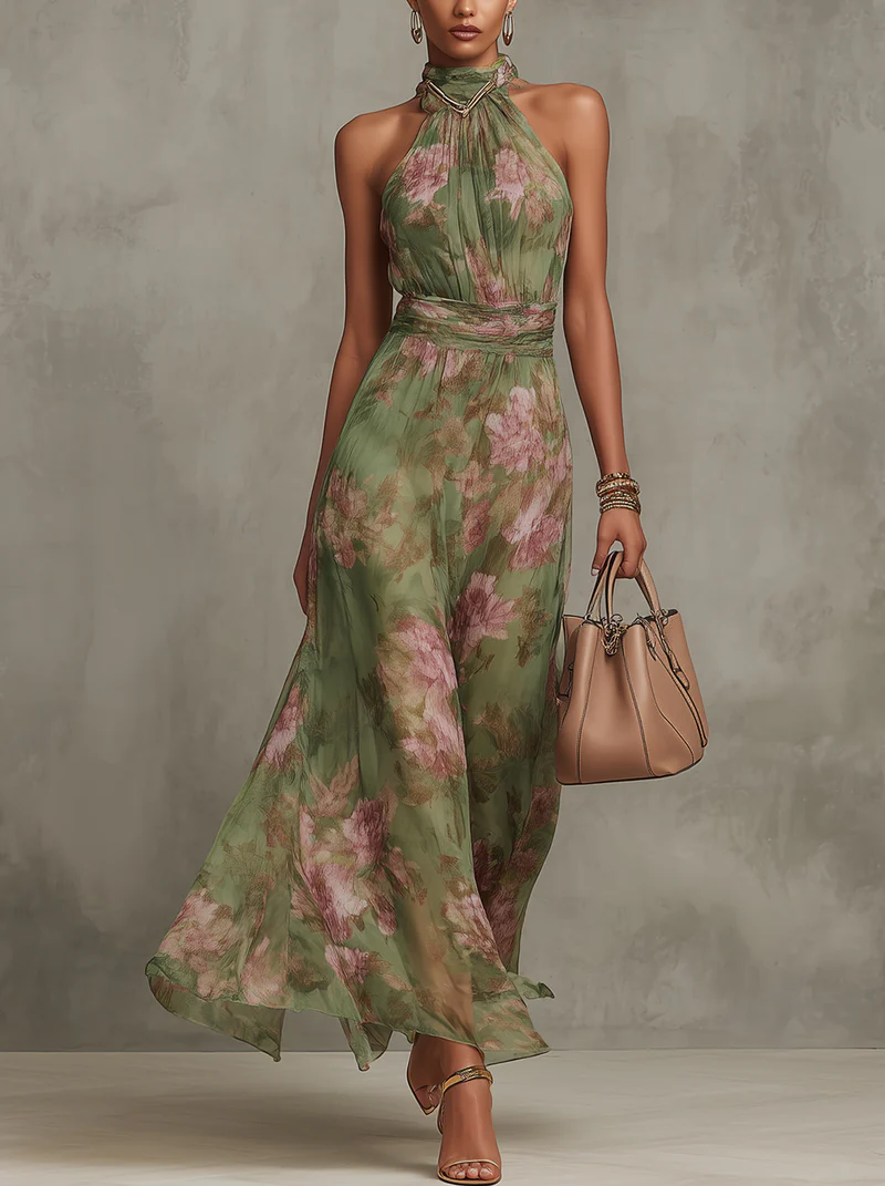 Lidia, vestito lungo floreale con scollo halter