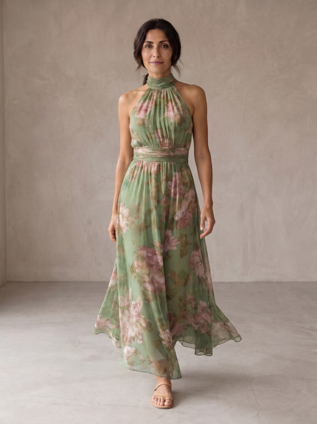 Lidia, vestito lungo floreale con scollo halter
