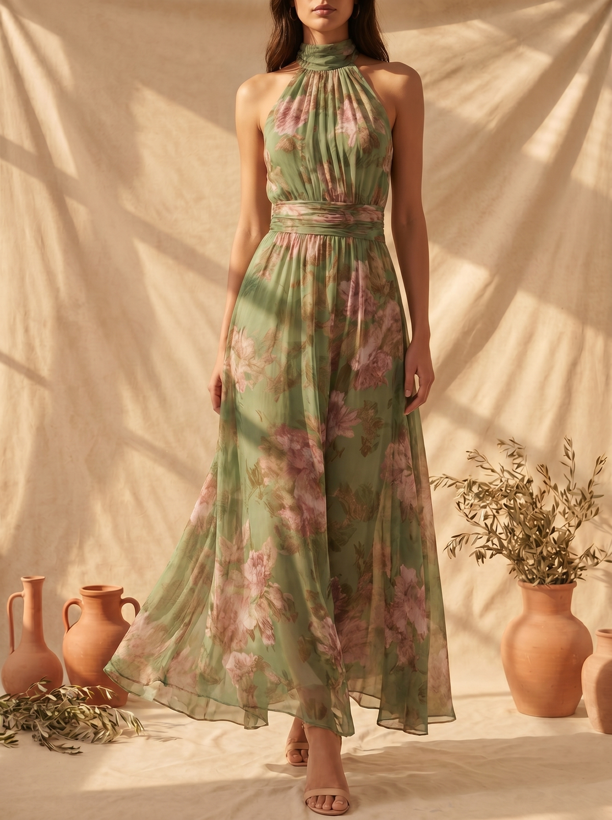 Lidia, vestito lungo floreale con scollo halter