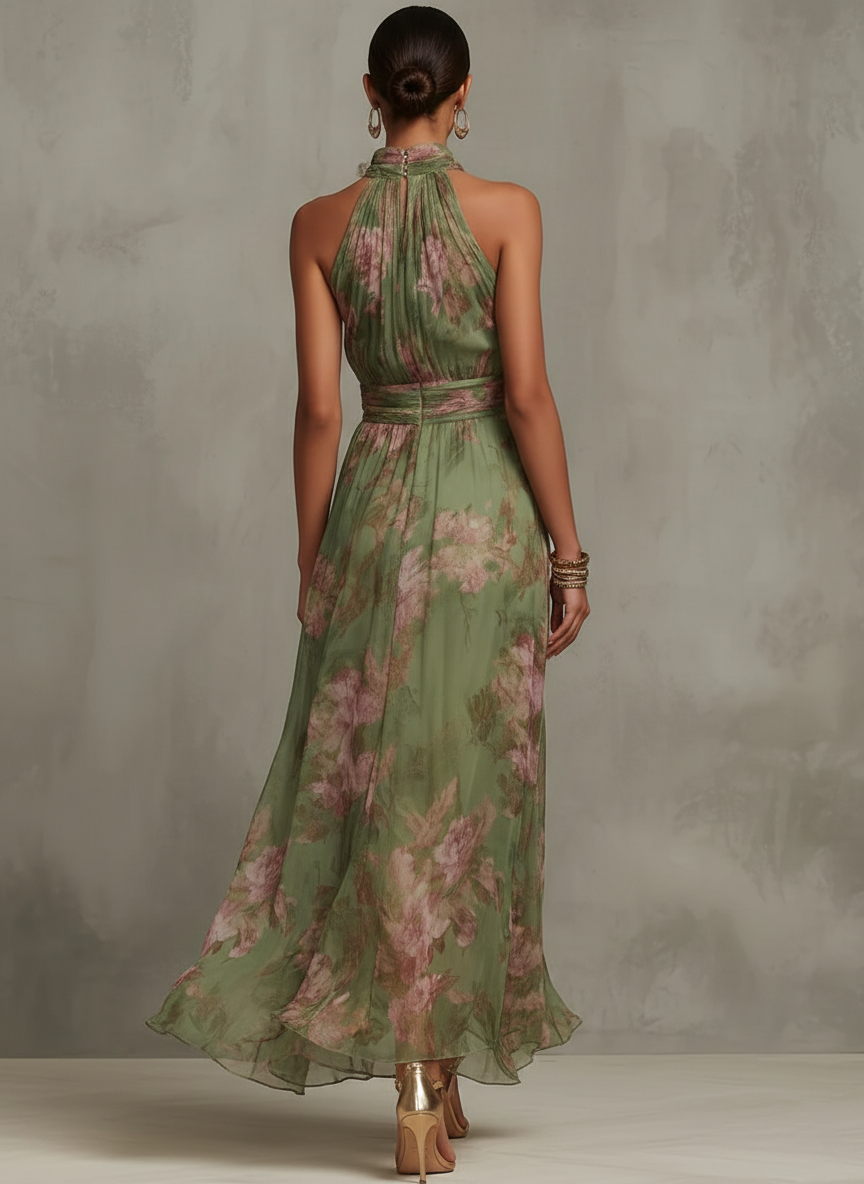Lidia, vestito lungo floreale con scollo halter