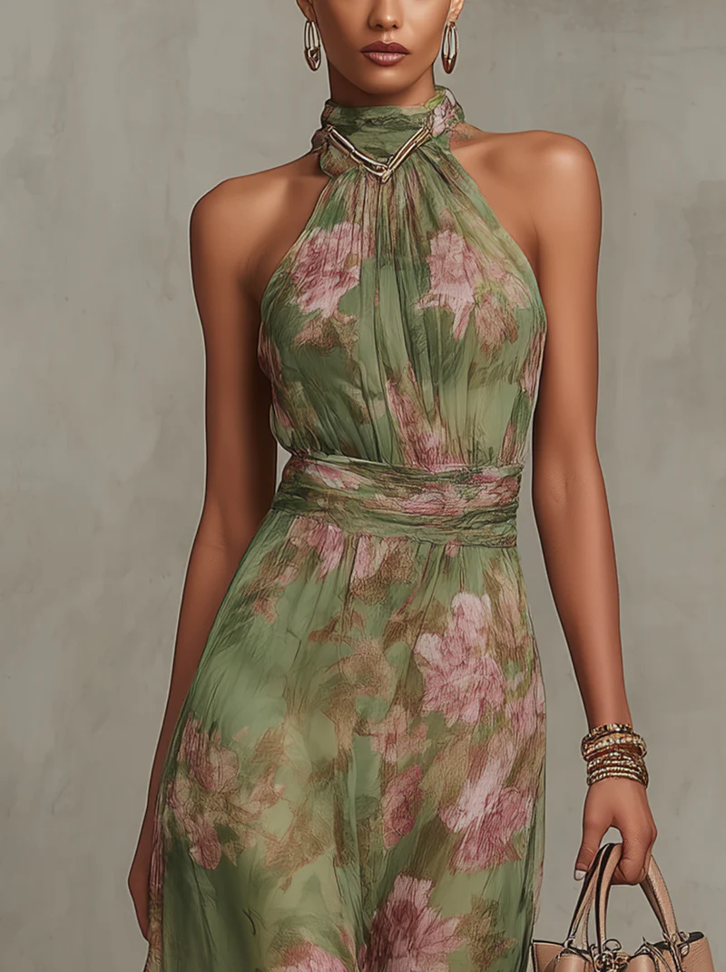 Lidia, vestito lungo floreale con scollo halter