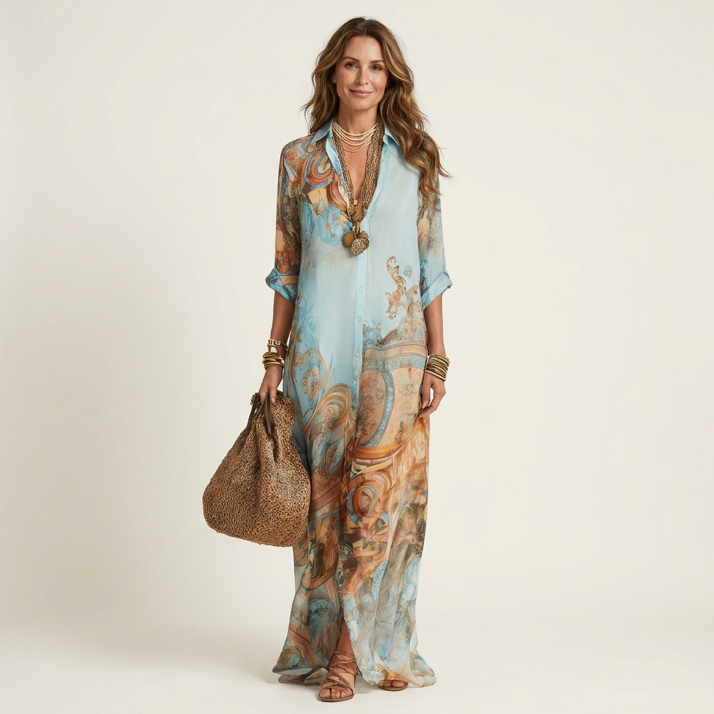 Lucrezia, vestito chemisier lungo stampato, azzurro e cammello