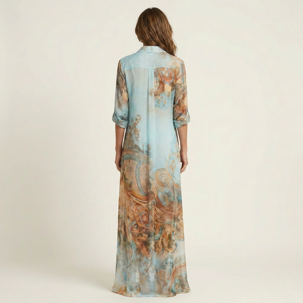 Lucrezia, vestito chemisier lungo stampato, azzurro e cammello